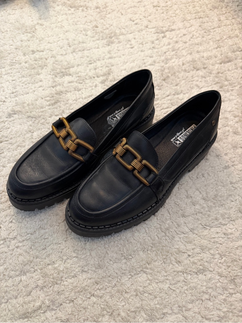 PIKOLINOS Black Leather Loafers with Brass Chain Accent